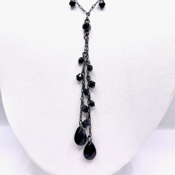 EUC 2028 Black Onyx Beaded Vintage Y2K Y Drop Necklace Teardrop Briolette Stones - Picture 2 of 4
